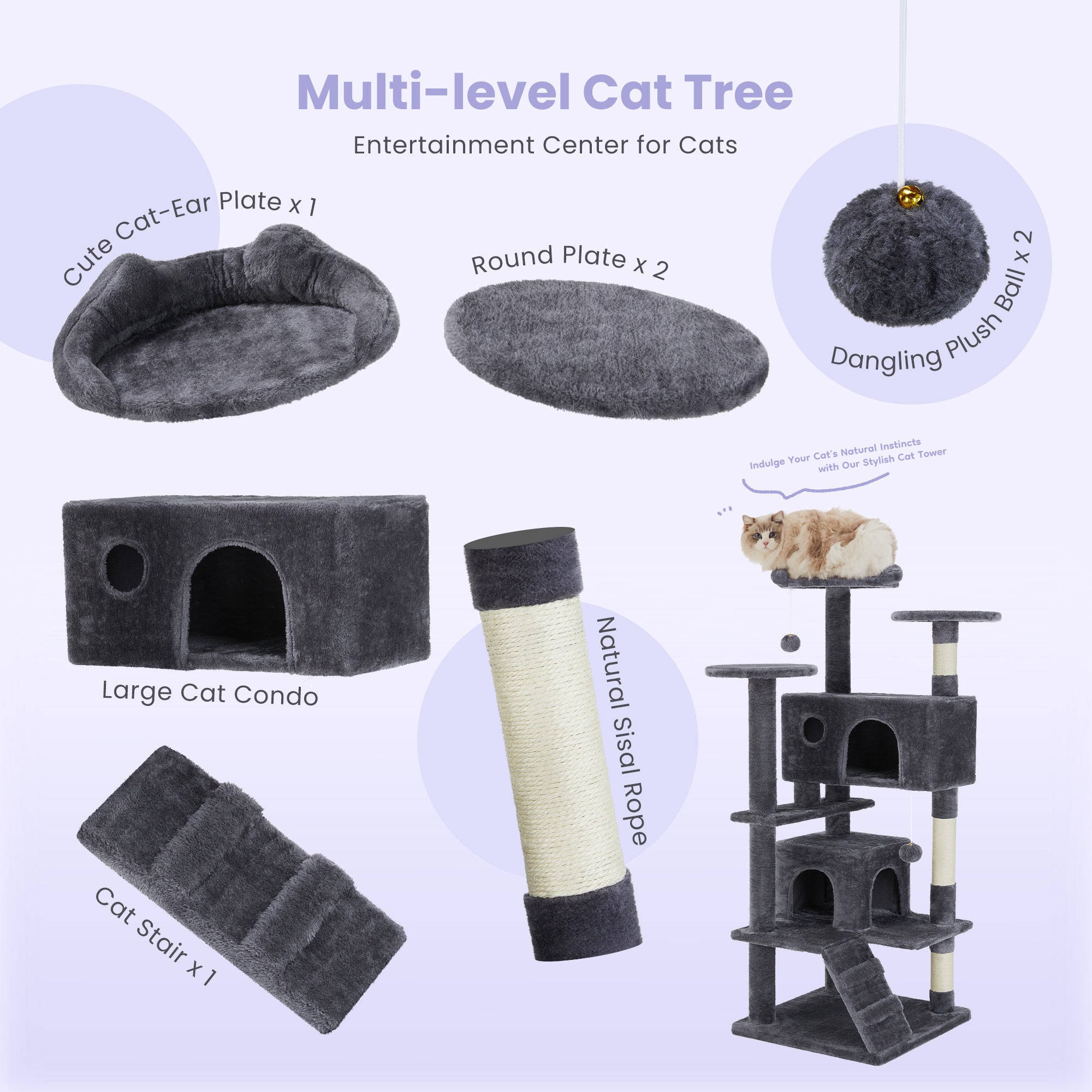 Large Cat Tree Tower, 62-70-80 Cat Tree Large Cats, Multi Level With Scratching Post, Cozy Cat Jumping Platform Space, Gray