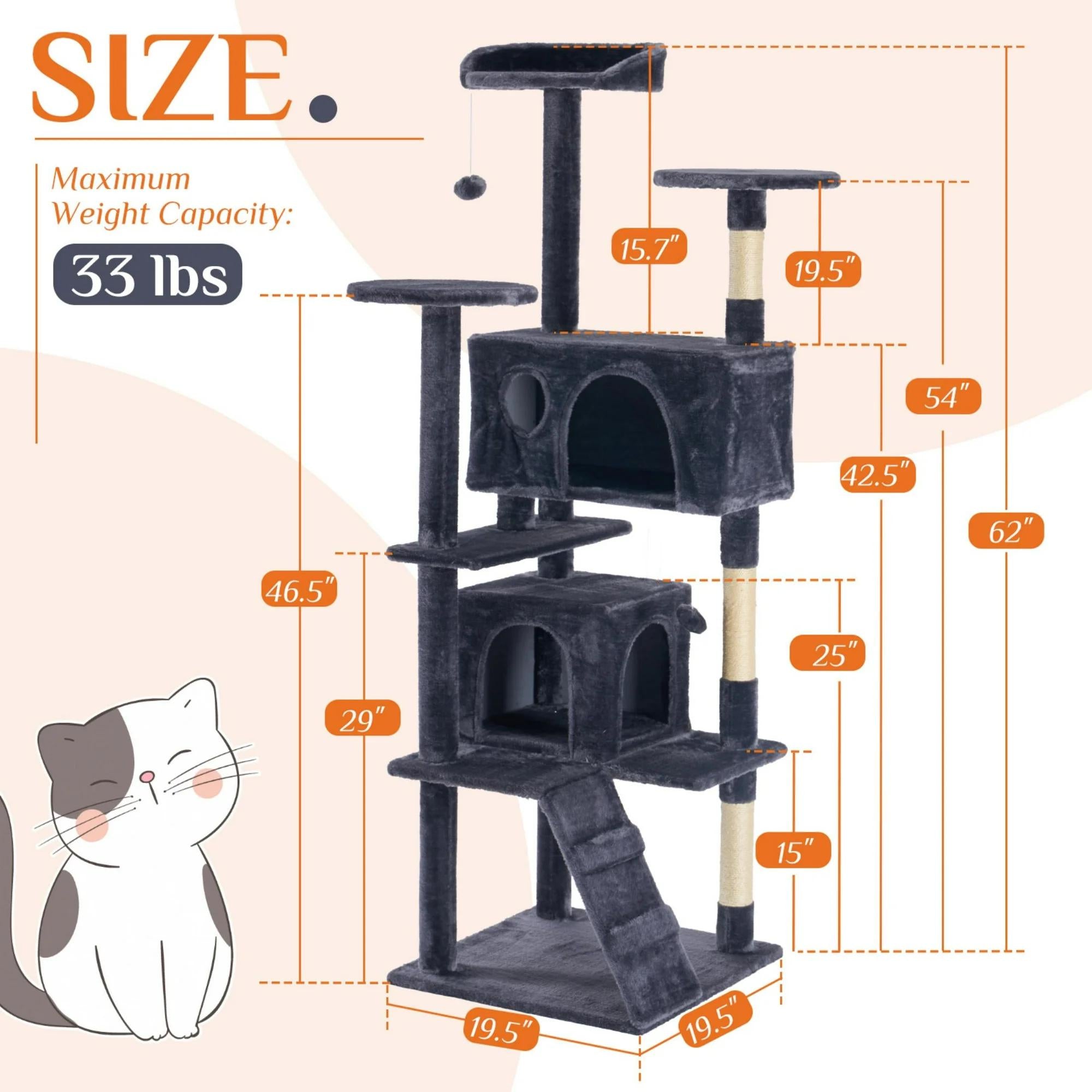 Large Cat Tree Tower, 62-70-80 Cat Tree Large Cats, Multi Level With Scratching Post, Cozy Cat Jumping Platform Space, Gray