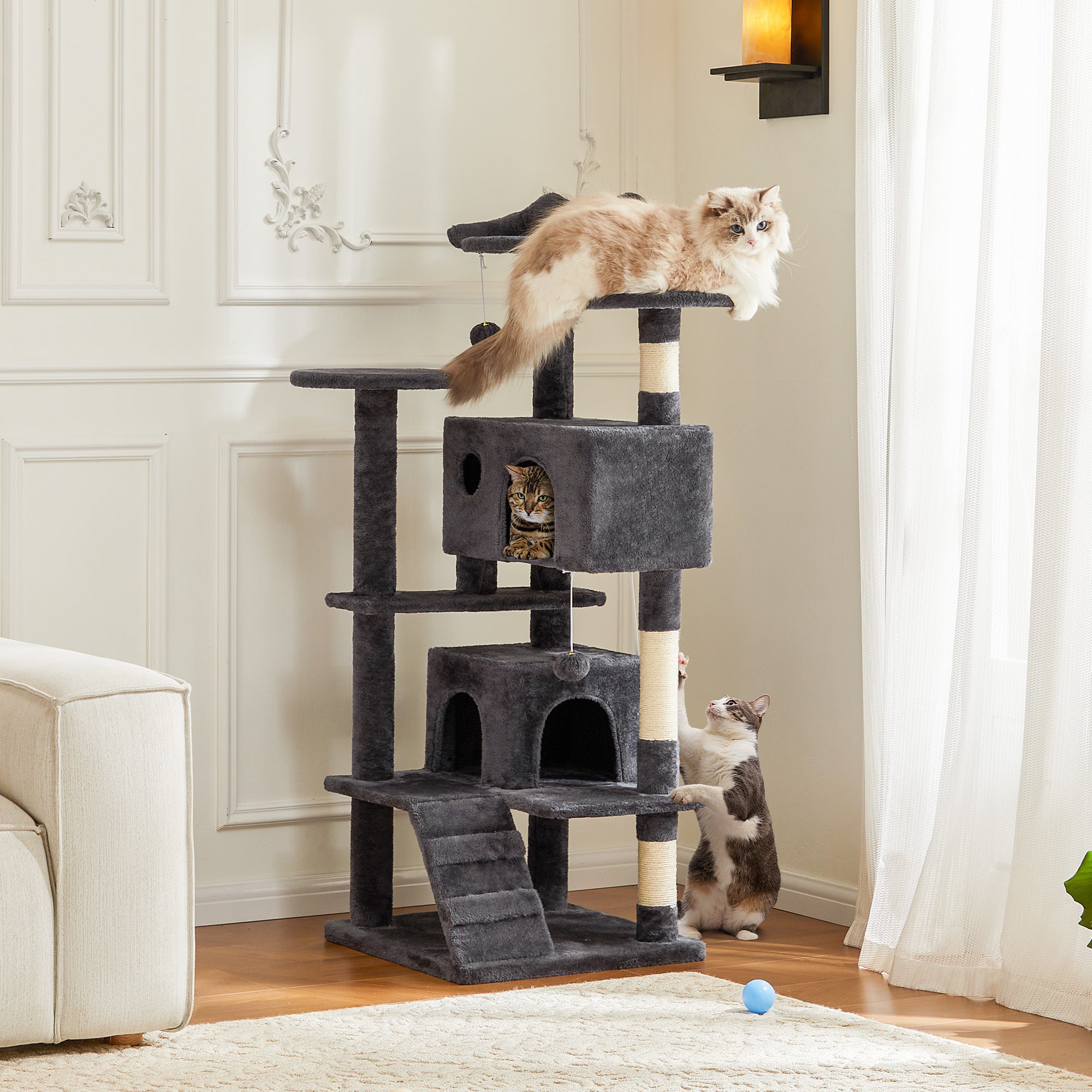 Large Cat Tree Tower, 62-70-80 Cat Tree Large Cats, Multi Level With Scratching Post, Cozy Cat Jumping Platform Space, Gray